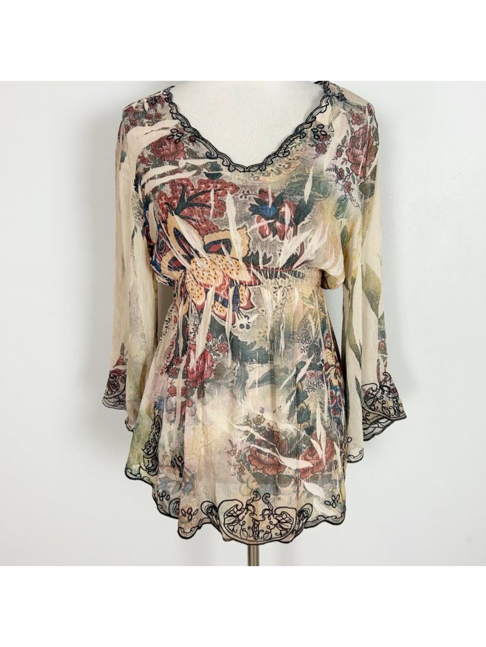 Y2K Women's Forest Fairy Drapey Top Boho Floral Flare Sleeve Size Small